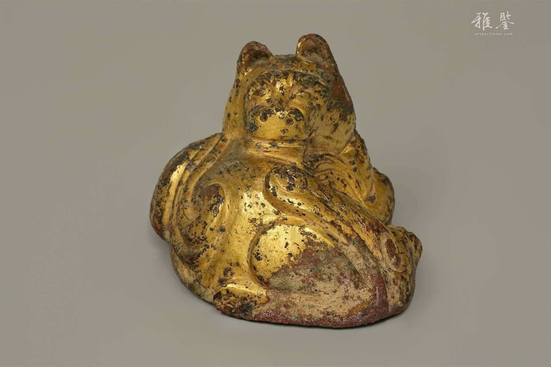 汉代 鎏金狮子席镇 日本桐箱附 本物保证